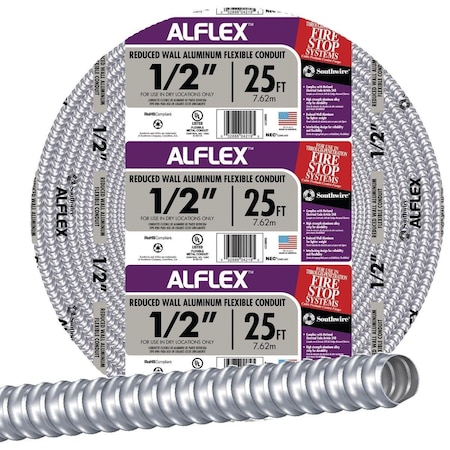 Southwire Flexible Metallic Conduit, 1/2 in Trade Size, 25 ft, Aluminum, Unfinished 55082121